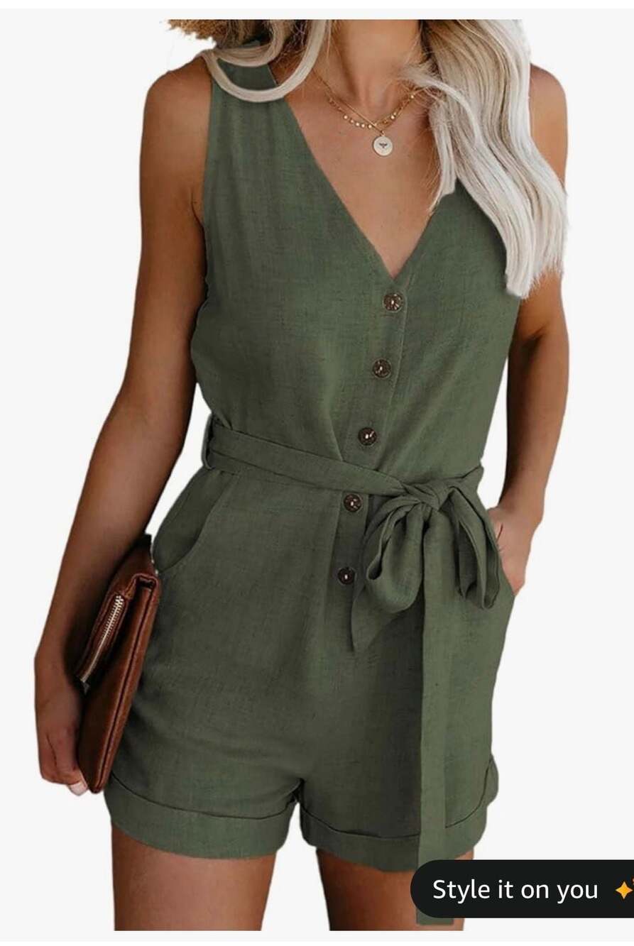 Women's V-Neck Button Down Belted Romper Pockets Olive Green S